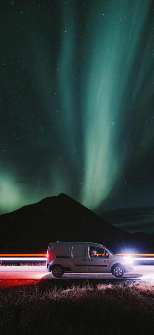 road, car, mountain, northern lights, timelapse, starry sky, night, dark, landscape