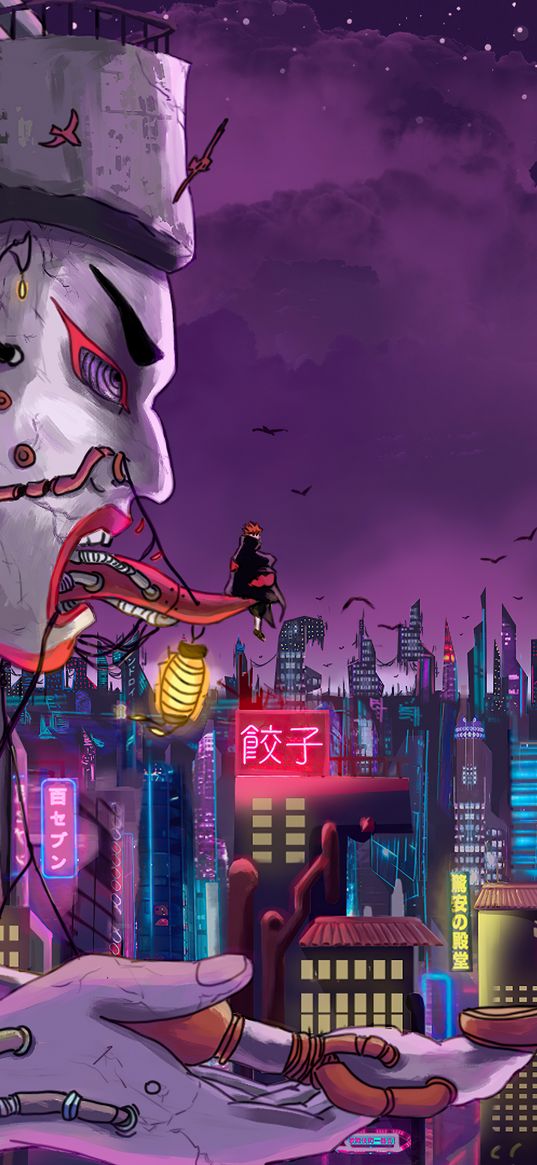 pain, nagato, naruto, anime, guy, statue, skyscrapers, city, neon, future, art