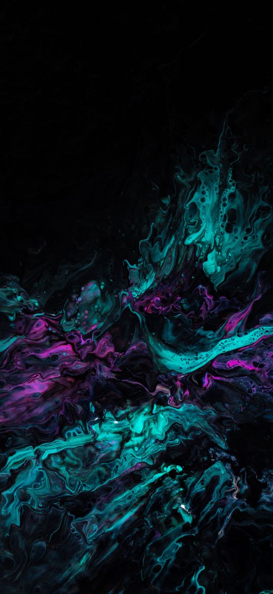 paints, streaks, mixing, turquoise, pink, black background, abstraction