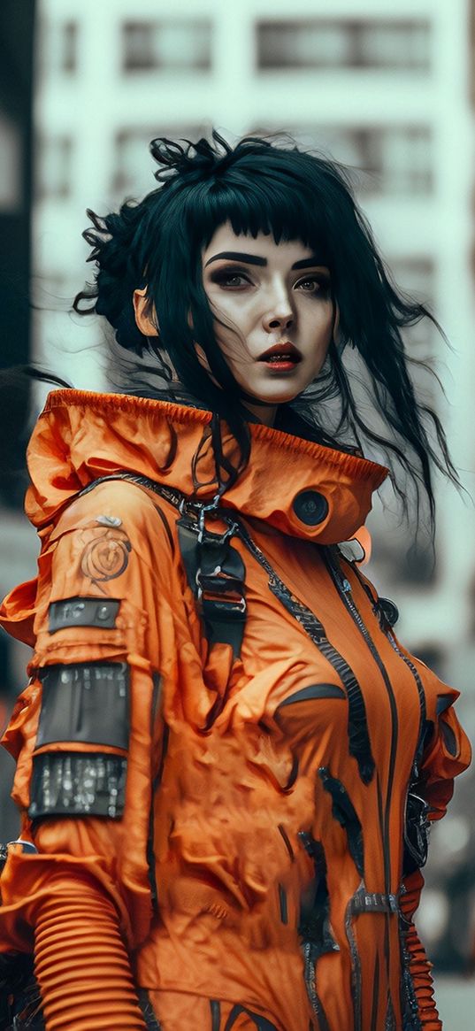 girl, beautiful, brunette, hairstyle, jacket, future, street, cyberpunk, ai, art