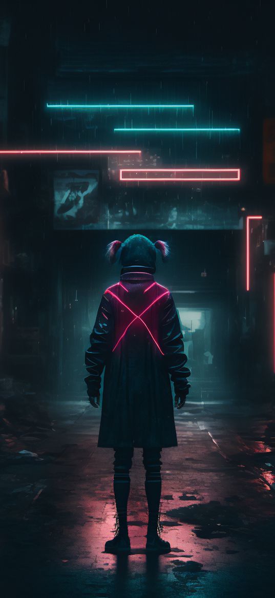 girl, raincoat, ponytail, street, slum, rain, neon, future, cyberpunk, ai, art