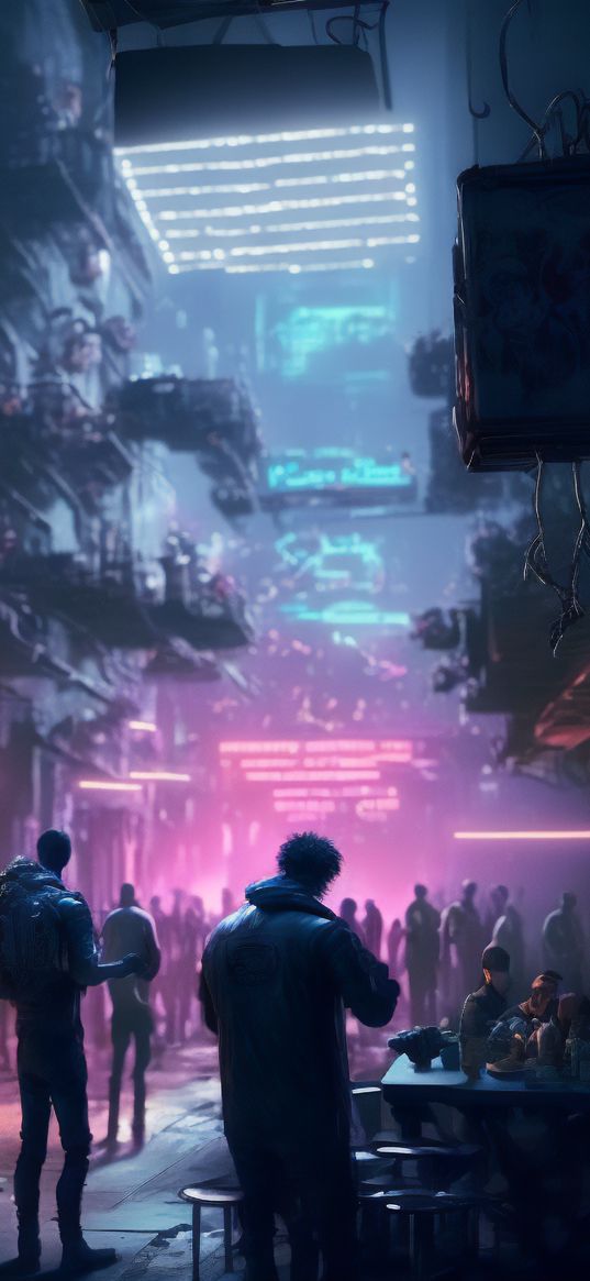 people, shops, cafes, street, city, night, neon, future, cyberpunk, ai, art