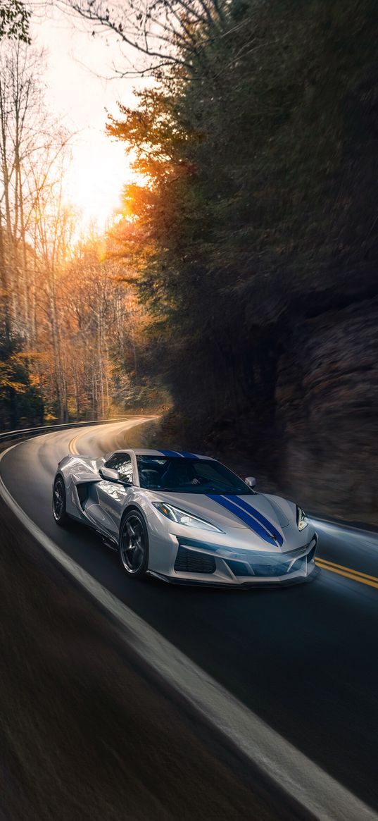 mclaren, sports car, car, road, speed, forest, nature