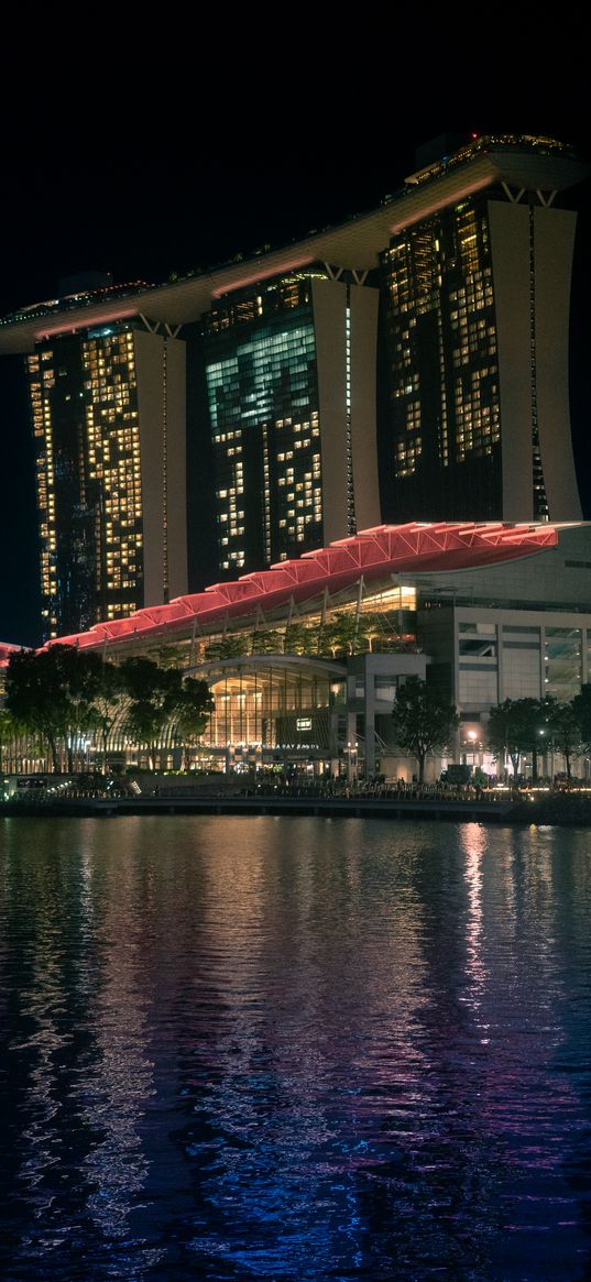 building, lights, sea, embankment, night