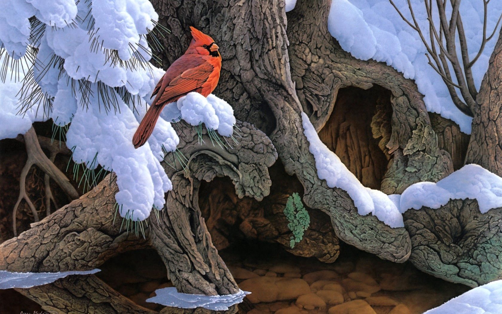 painting, snow, winter, tree, bird, cardinal