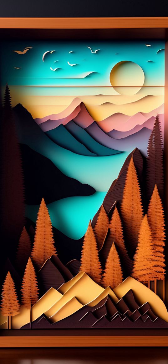 painting, collage, landscape, mountains, forest, sun, color