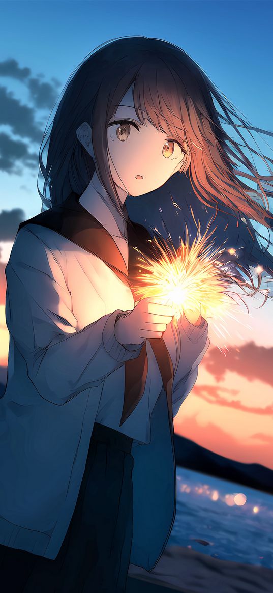 girl, sparkler, glow, evening, anime