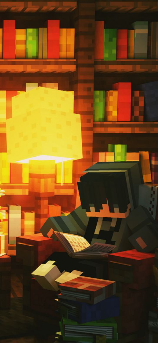 minecraft, game, character, library, lamp, book