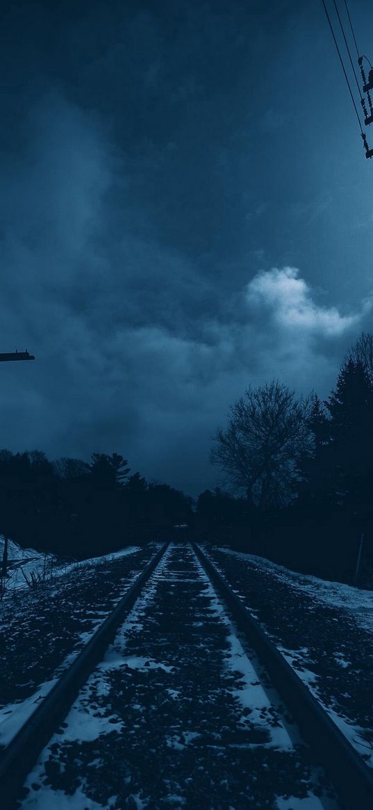 railway, snow, trees, savannah, sky, clouds, night, dark