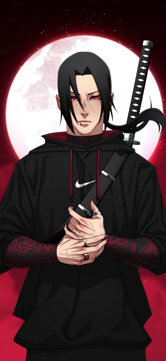 itachi uchiha, naruto, anime, ninja, guy, sharingan, katana, hoodie, nike, moon, night, black, red, art