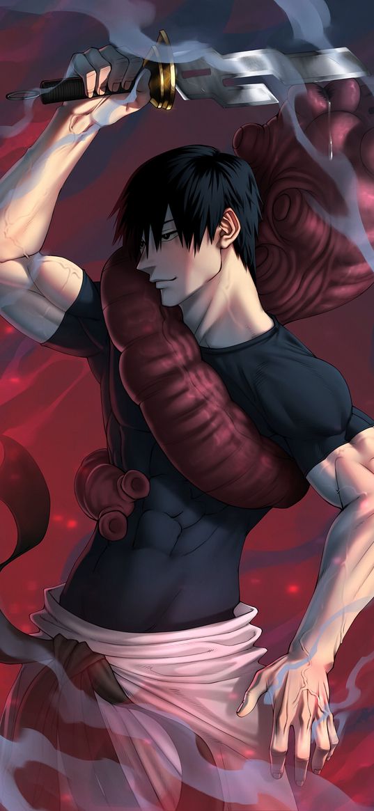 fushiguro toji, magic battle, anime, guy, dagger, worm, muscular, red background, art