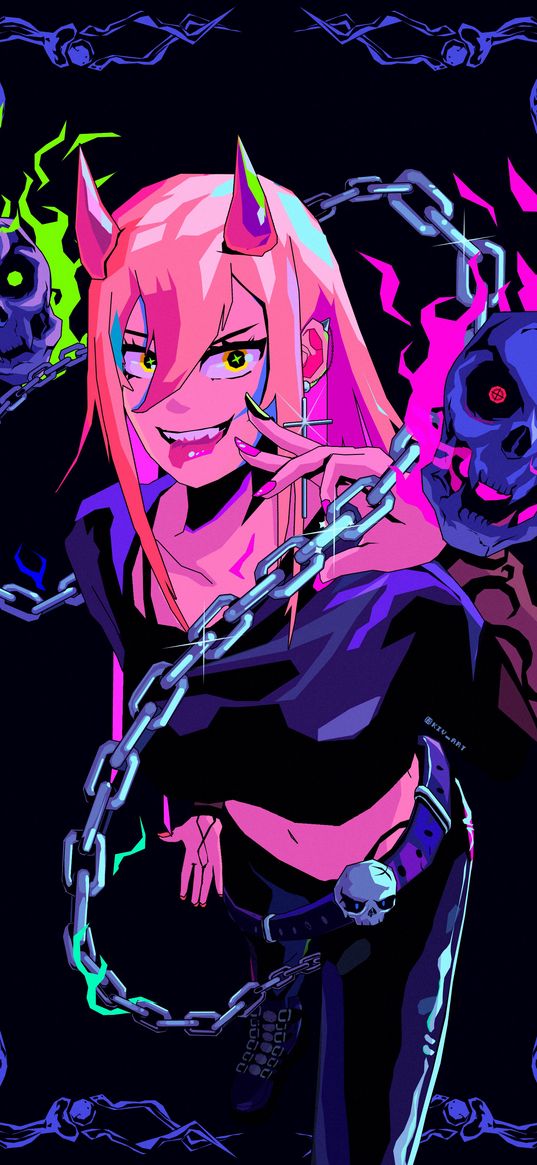 power, chainsaw man, anime, girl, pink hair, horns, chains, skulls, fire, black background, art