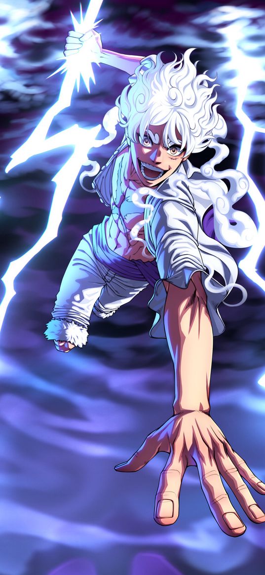 luffy, gear 5, one piece, anime, guy, white hair, lightning, thunderstorm, clouds, fantasy, art