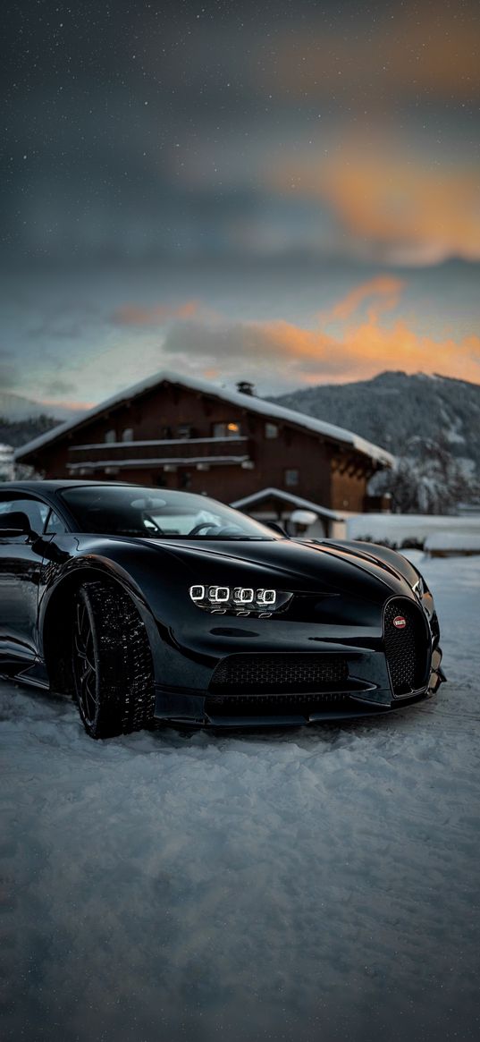 bugatti chiron, bugatti, sports car, car, black, house, snow, winter, stars, nature