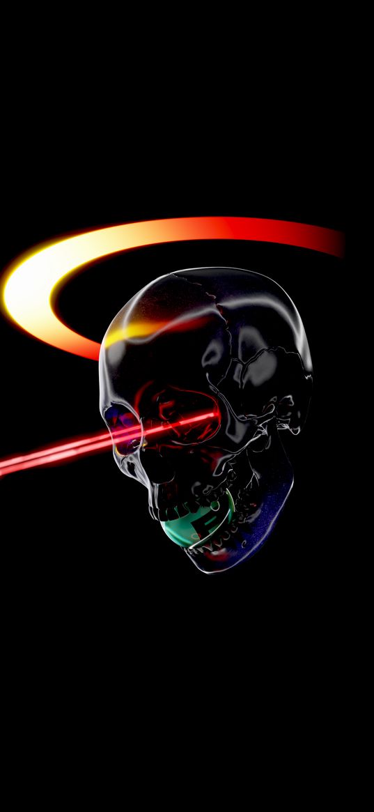 skull, halo, laser, black background, digital art