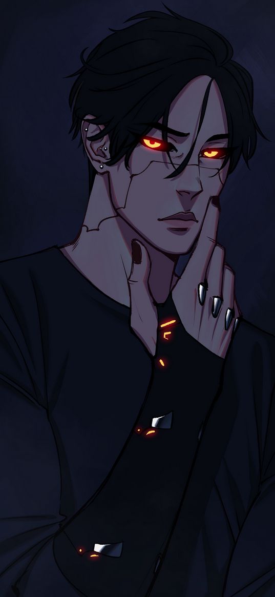 guy, brunette, orange eyes, implants, neon, darkness, cyberpunk, art