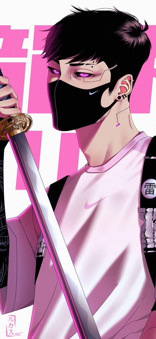 guy, mask, katana, t-shirt, nike, implants, hieroglyphs, cyberpunk, pink, white background, art