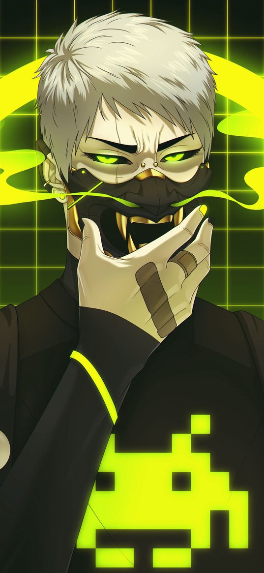 guy, mask, smoke, circle, grid, neon, cyberpunk, green, black, art