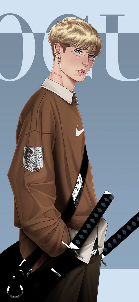 armin arlert, attack on titan, anime, guy, blonde, katanas, stylish, vogue, magazine, gray background, art