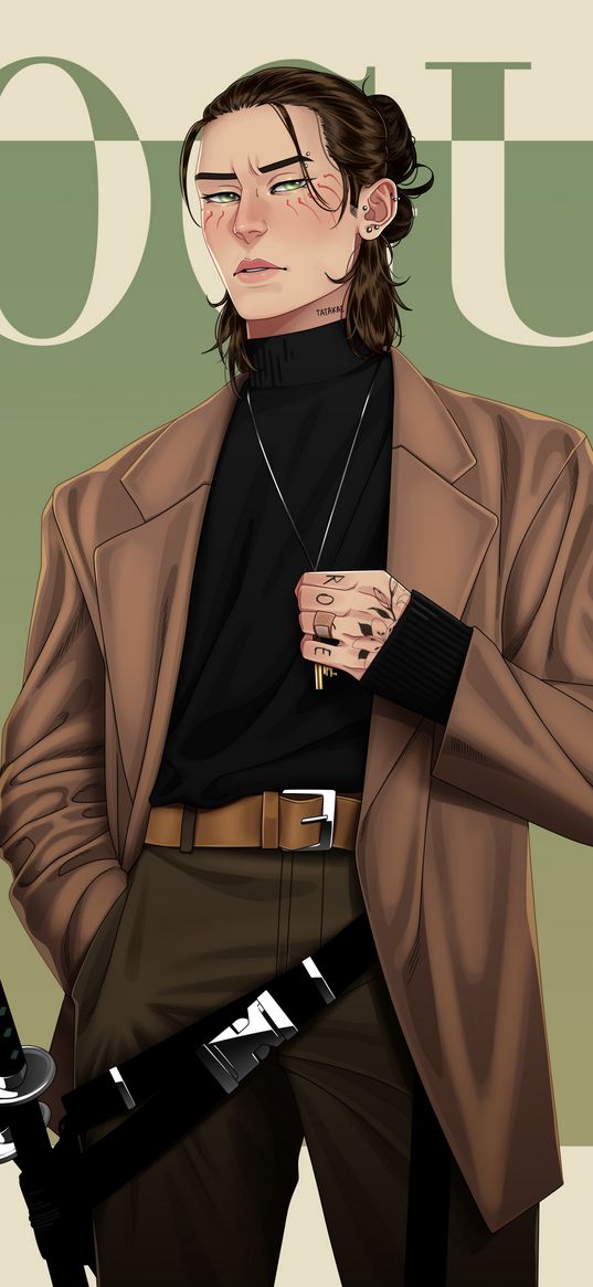 eren yeager, attack on titan, anime, guy, brunette, katanas, jacket, stylish, vogue, magazine, green background, art