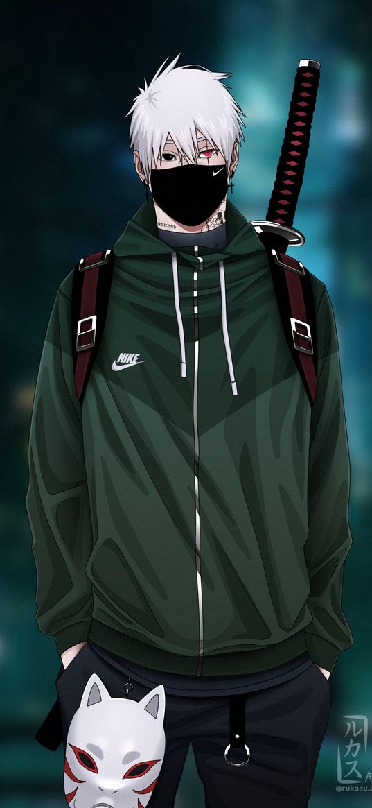 kakashi hatake, naruto, anime, guy, kitsune mask, katana, hoodie, nike, street, night, art