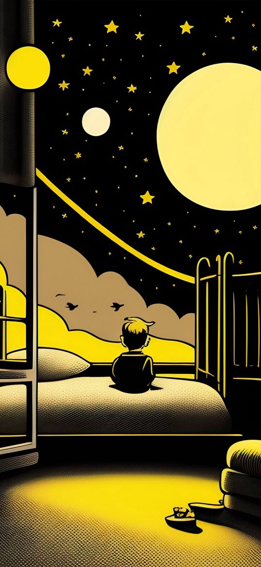 boy, bed, room, window, moon, planets, stars, dream, night, yellow, black, ai, art