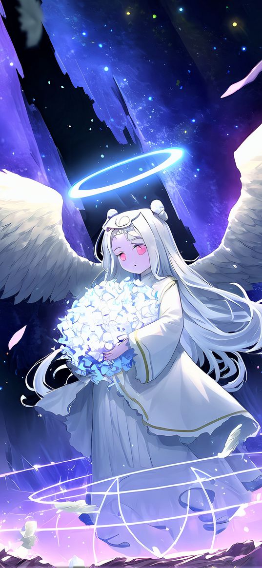 girl, angel, wings, halo, bouquet, anime