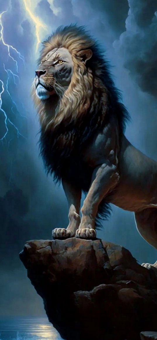 lion, predator, animal, lightning, clouds, rock, dark