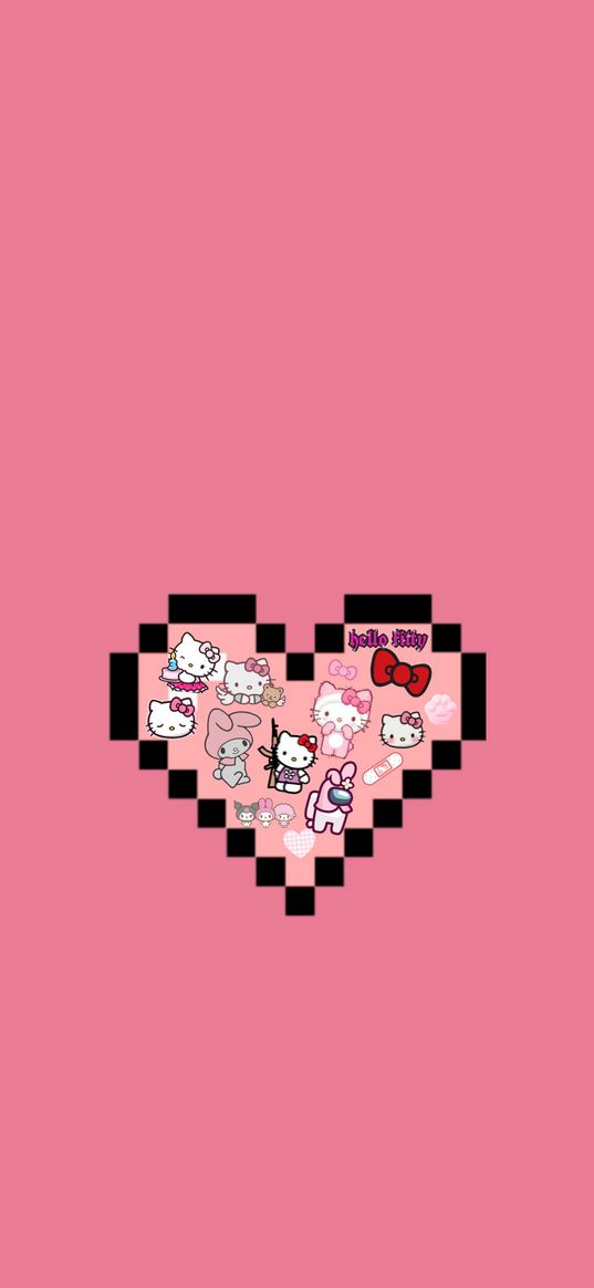 hello kitty, heart, cat, bow, inscription, pink, pixel