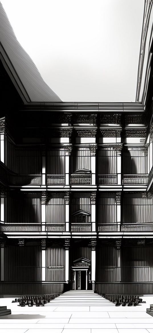 building, architecture, columns, drawing, black and white