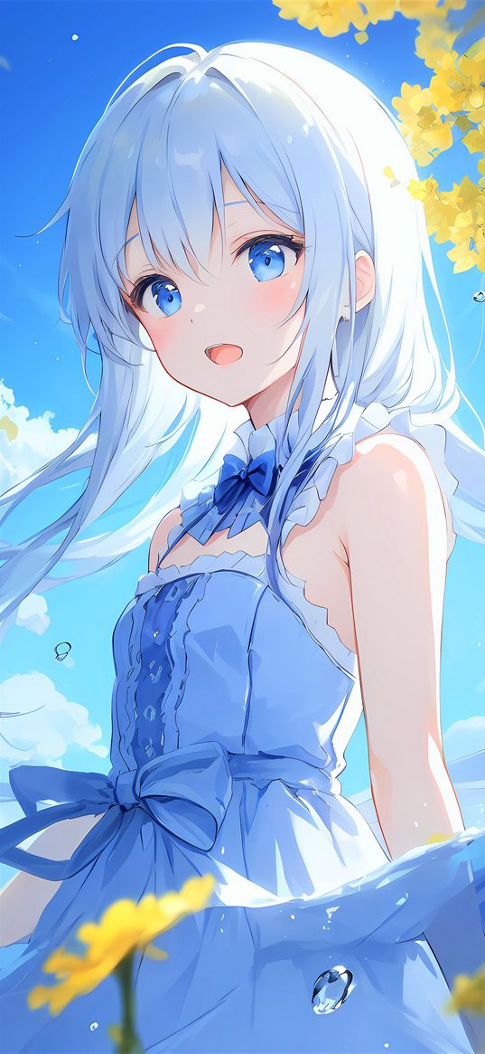 girl, dress, bow, water, blue, anime