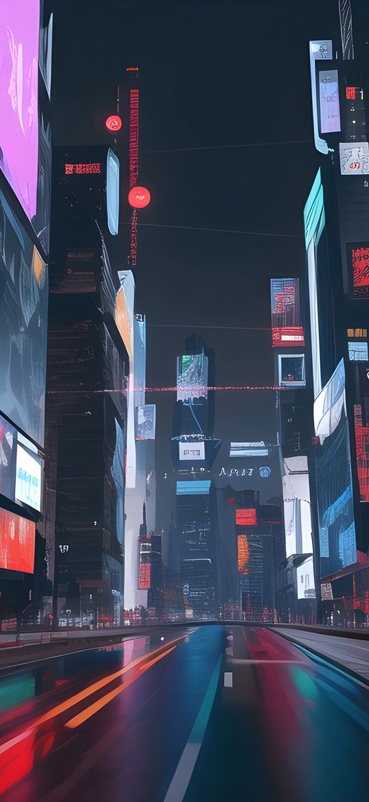 city, street, buildings, billboards, neon, night, art