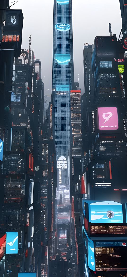 cyberpunk, city, skyscraper, billboards, art
