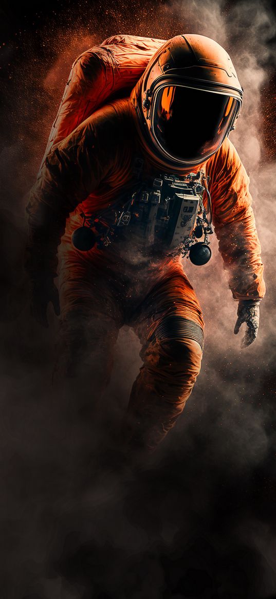 cosmonaut, astronaut, spacesuit, smoke, orange