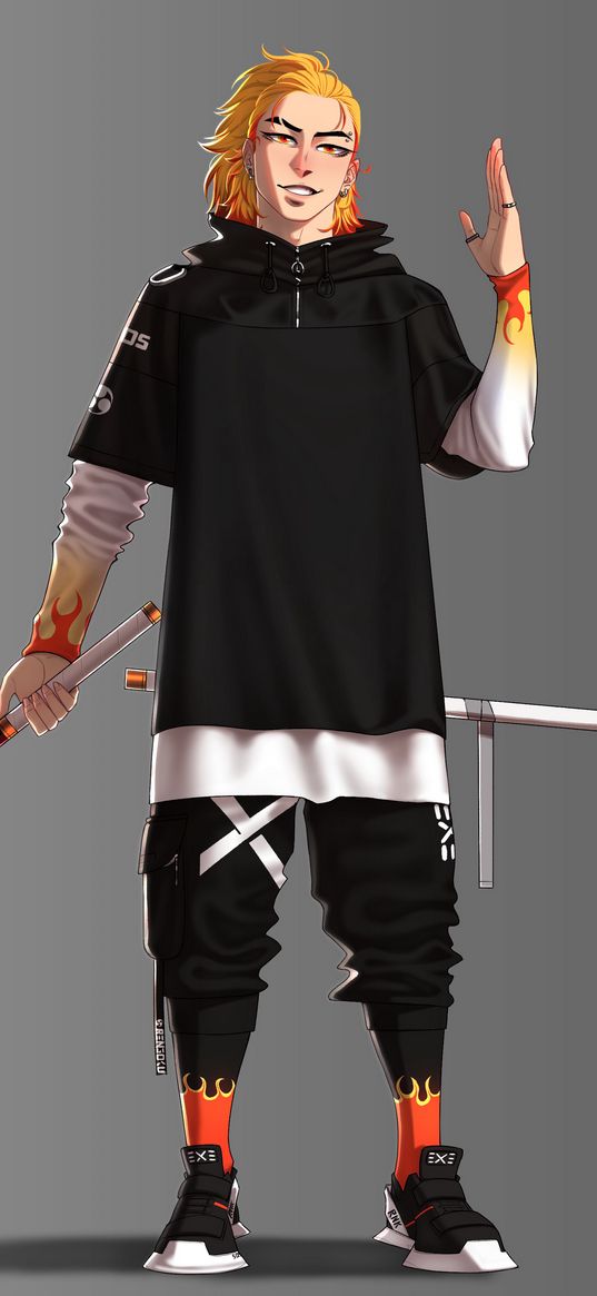 rengoku, demon slayer, anime, sports style, fire, katana, art