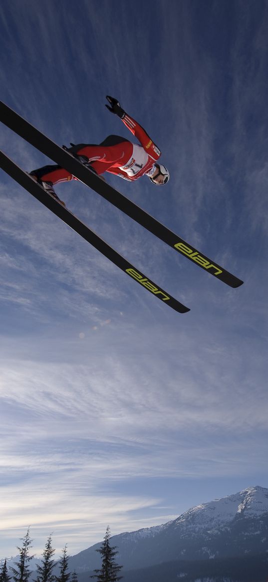 skier, ski, jump, fly, sky, sun, mountains