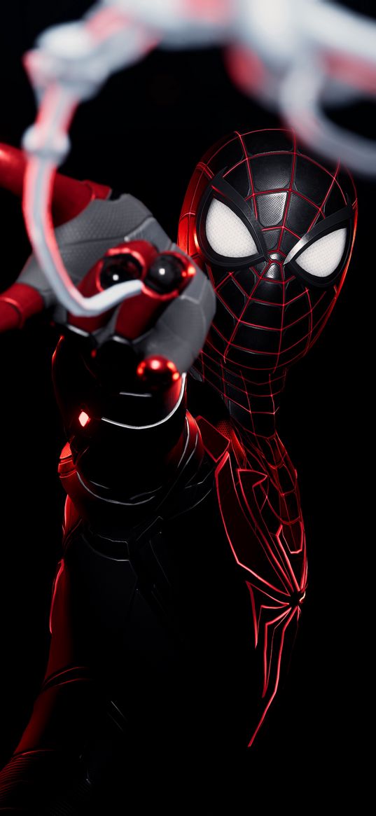 spider-man, spiderman, miles morales, superhero, marvel, black, red, web, digital art