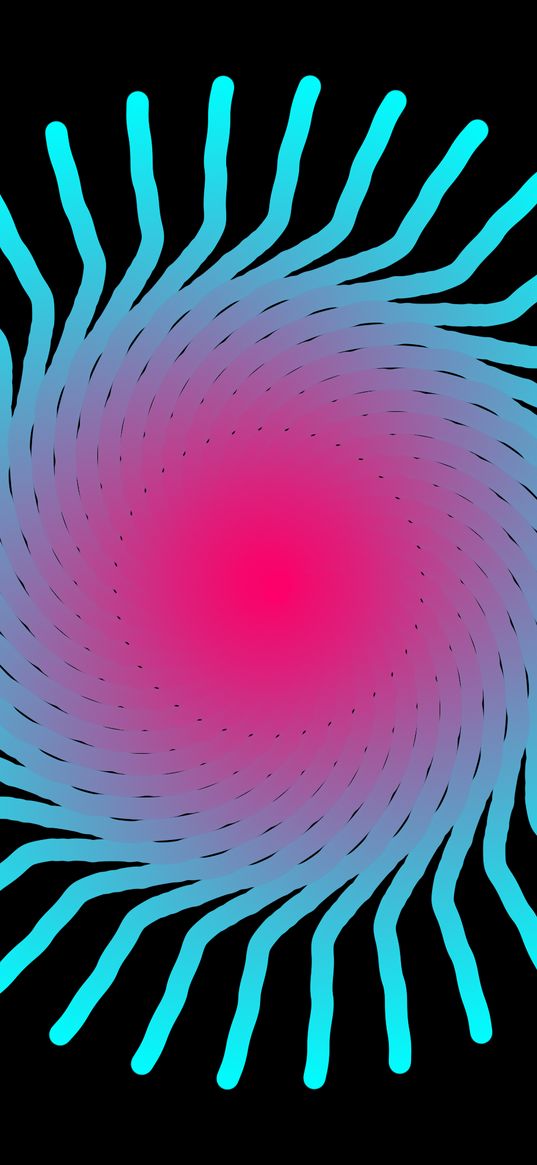 spiral, funnel, lines, circle, blue, pink, black background, abstraction