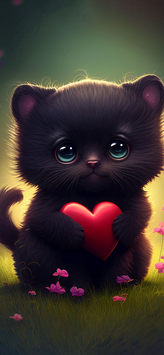 kitten, heart, flowers, grass, cute, pet, animal, ai, art