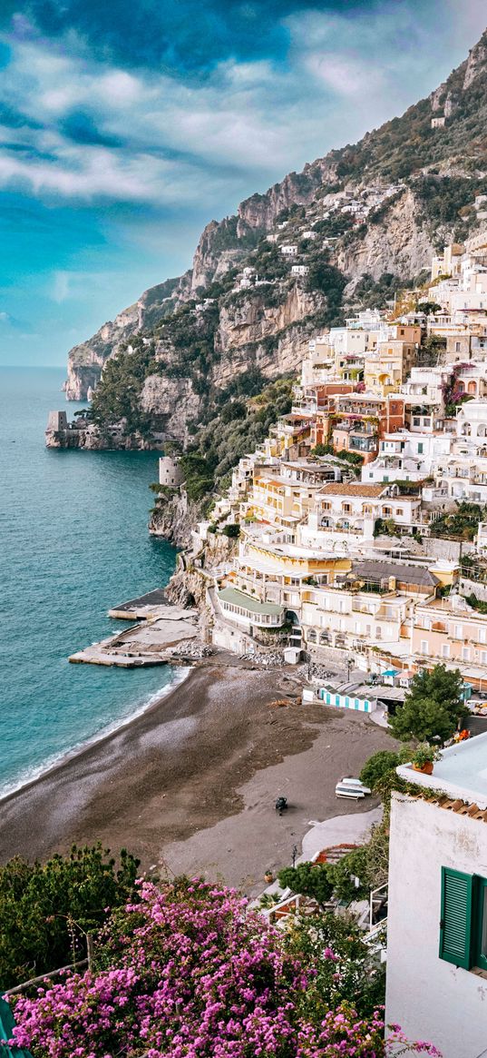 positano, italy, houses, city, mountains, sea, sky, landscape