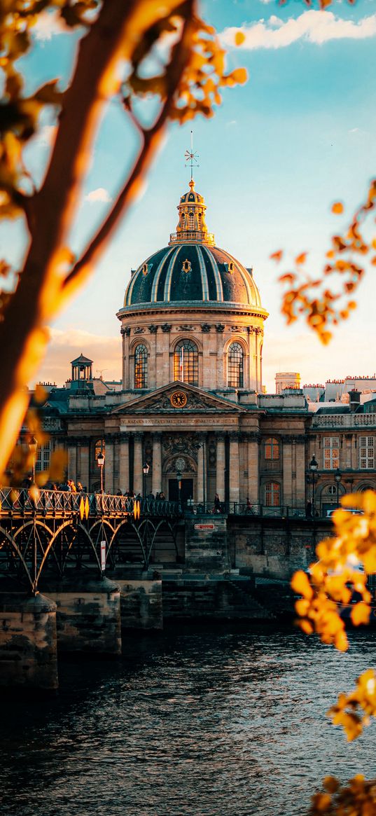 paris academy of sciences, building, architecture, bridge, river, leaves, trees, sky, sunset, city, france