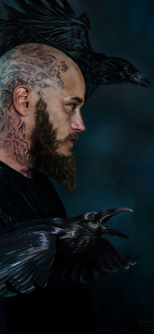 vikings, ragnar, series, character, crows, art, black