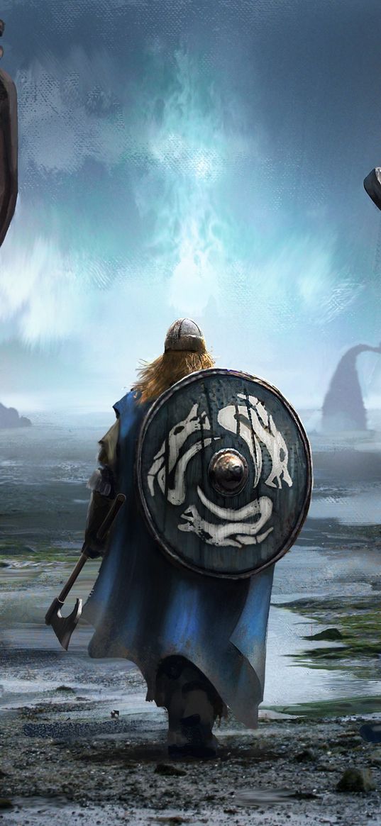 vikings, shield, axe, ships, art