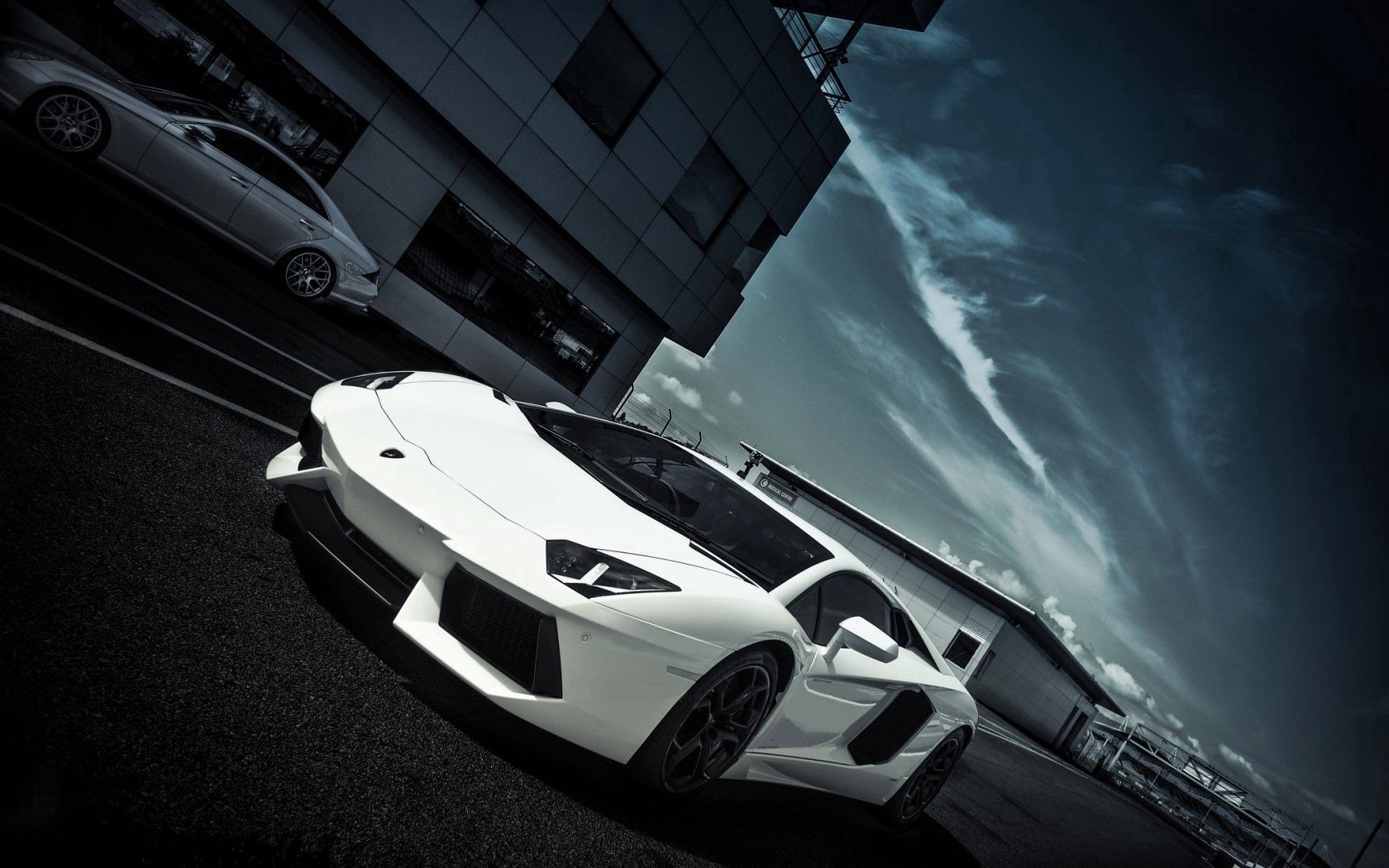 lamborghini aventador, white, side view, road, layout, building, windows, sky, clouds, lamborghini