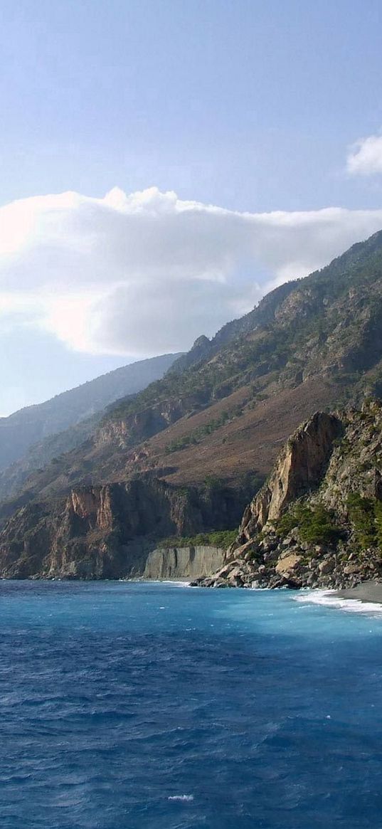 rocks, coast, mountains, sea, blue water, calm