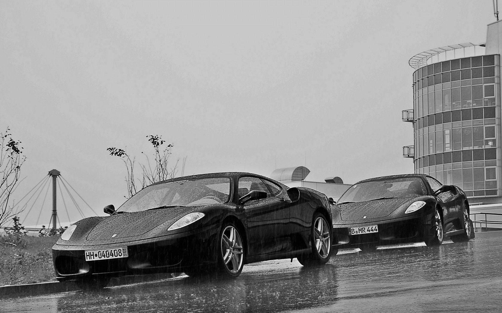 ferrari, rain, building, black and white