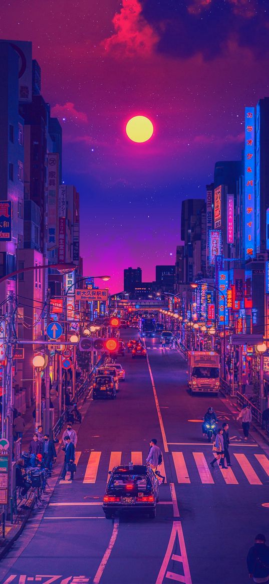 street, people, japan, signs, houses, road, moon, purple