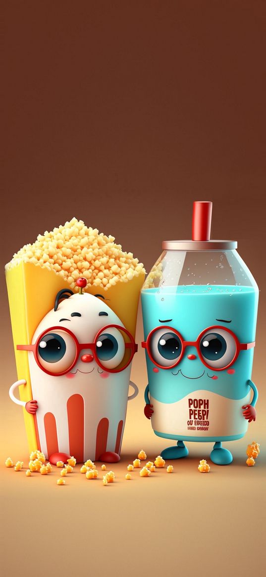 milkshake, popcorn, glasses, 3d, art, light