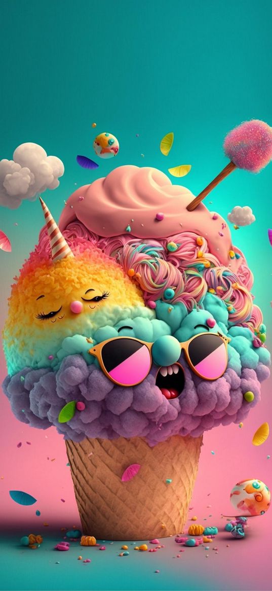 ice cream, cotton candy, horn, glasses, cloud, 3d, art