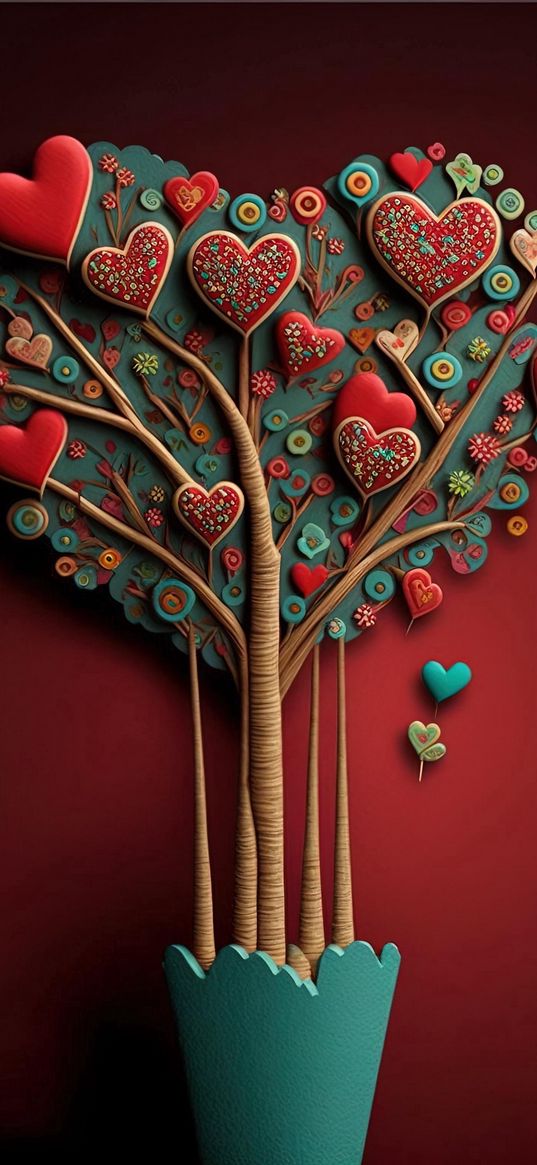 tree, hearts, pot, red, blue, 3d, art